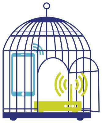 a bird cage with a router and a mobile phone imprisoned, both sending radio waves