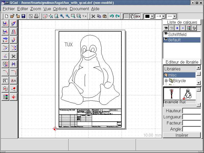Capture d'écran 2: QCad avec un dessin de Tux